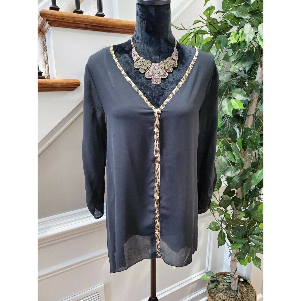 Boutique Bluebell Women Solid Black 100% Polyester V-Neck Long Sleeve Blouse 2xl